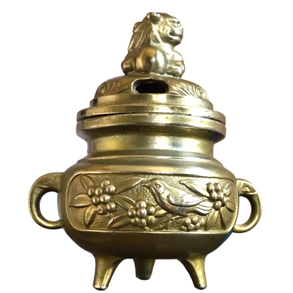 Vintage Chinese Brass Ornate Engraved Foo Dog Incense Burner Holder Altar Decor - Picture 11 of 16